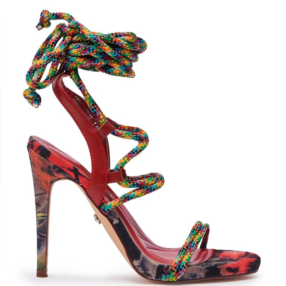 Multicolor Red Strappy Rope Lace Up High Heel Sandals - Picture 5 of 6
